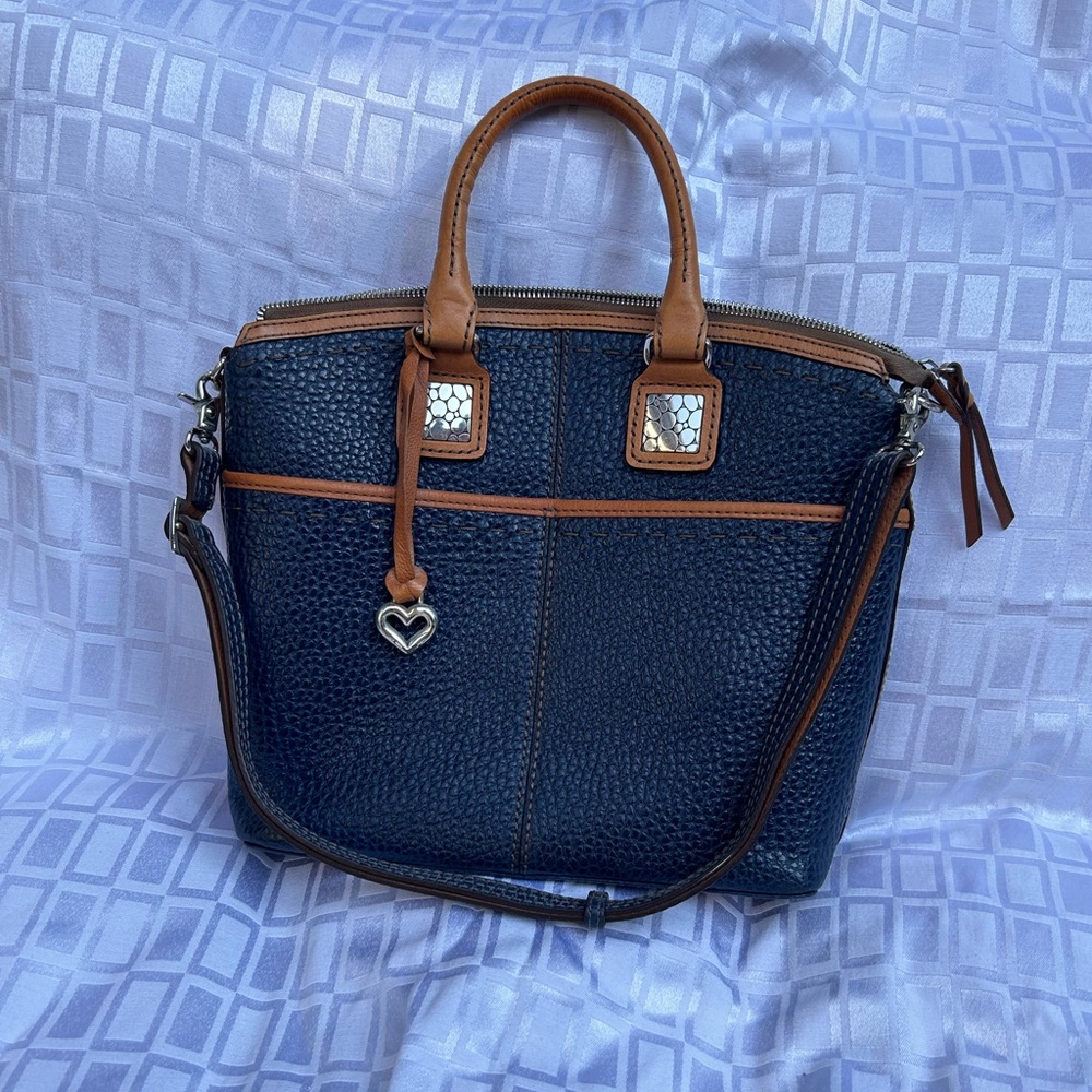 Brighton Archer navy blue  and tan satchel purse heavy pebble leather